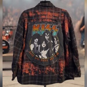 Upcycled KISS graphic Tshirt Distressed Plaid Flannel Shirt